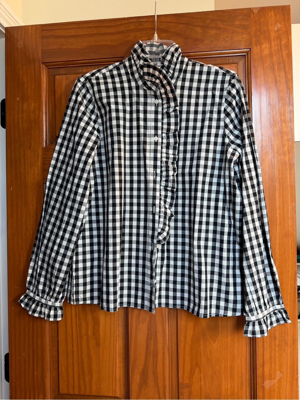 J. Crew Black and White Gingham Ruffle Front Shirt